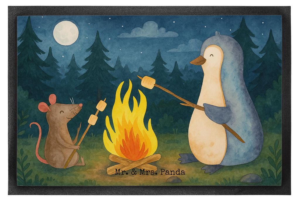 Mr. & Mrs. Panda Türvorleger Pinguin Lagerfeuer Design 50 x 75 cm - Weiß - Geschenk, Schmutzfangmatte, Maus, Arbeit, Gummimatte, Fußabtreter, Ma...