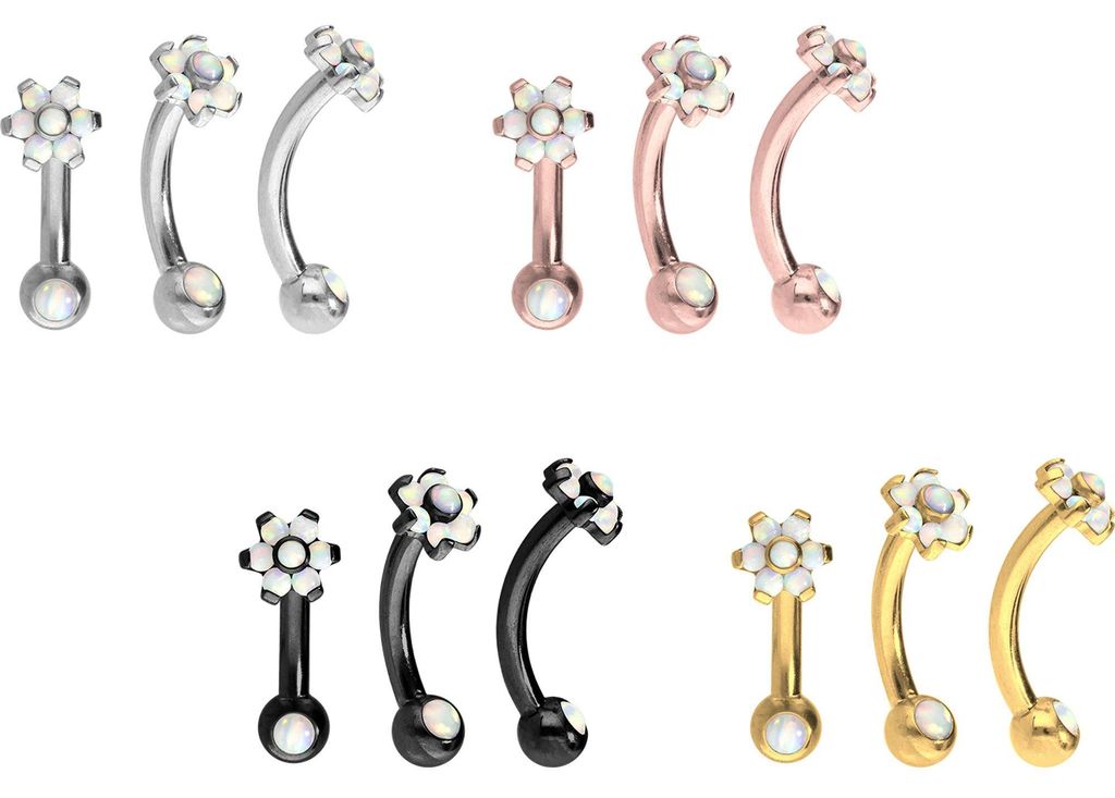Bauchnabel-Piercing, Rook Piercing Titan Banane mit Push Fit BLUME MIT 7 SYNTHETISCHEN OPALEN + OPALKUGEL Silber Stablänge: 8mm | Discgröße: 5mm
