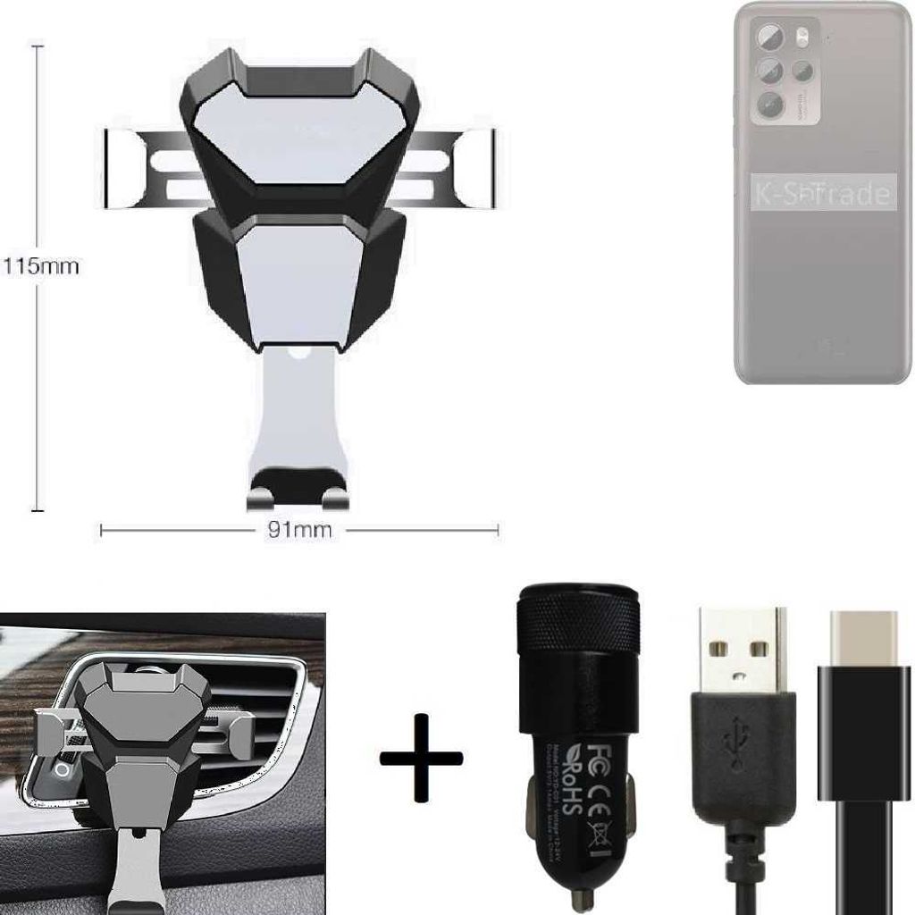 K-S-Trade Lüftungsschlitz Halterung kompatibel mit HTC U23 Pro Lüftungshalterung Lüftungsgitter schwarz-silber Auto-Halterung Smartphone Halter