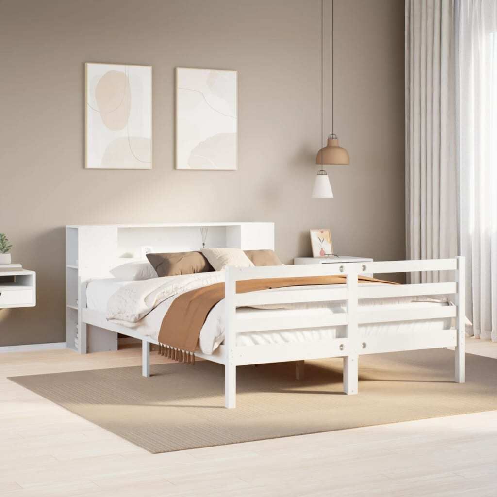 "2026 Promotion" Massivholzbett Schlafzimmer - mit Regal ohne Matratze - Weiß - 150x200 cm - Kiefer - Polsterbett CC17678