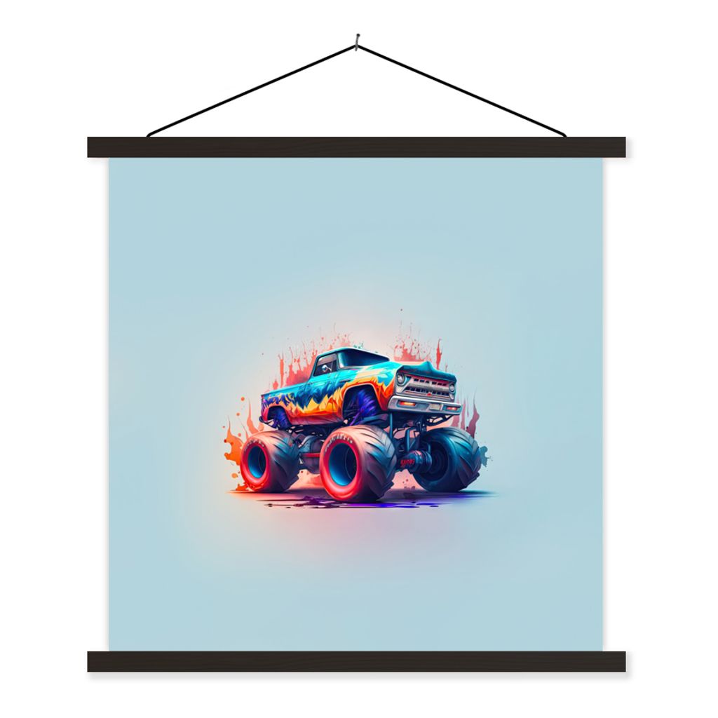 MuchoWow Textilposter Monstertruck - Flammen - Blau - Farbe - Design 90x90 cm mit schwarzem Rahmen - Magnetisches