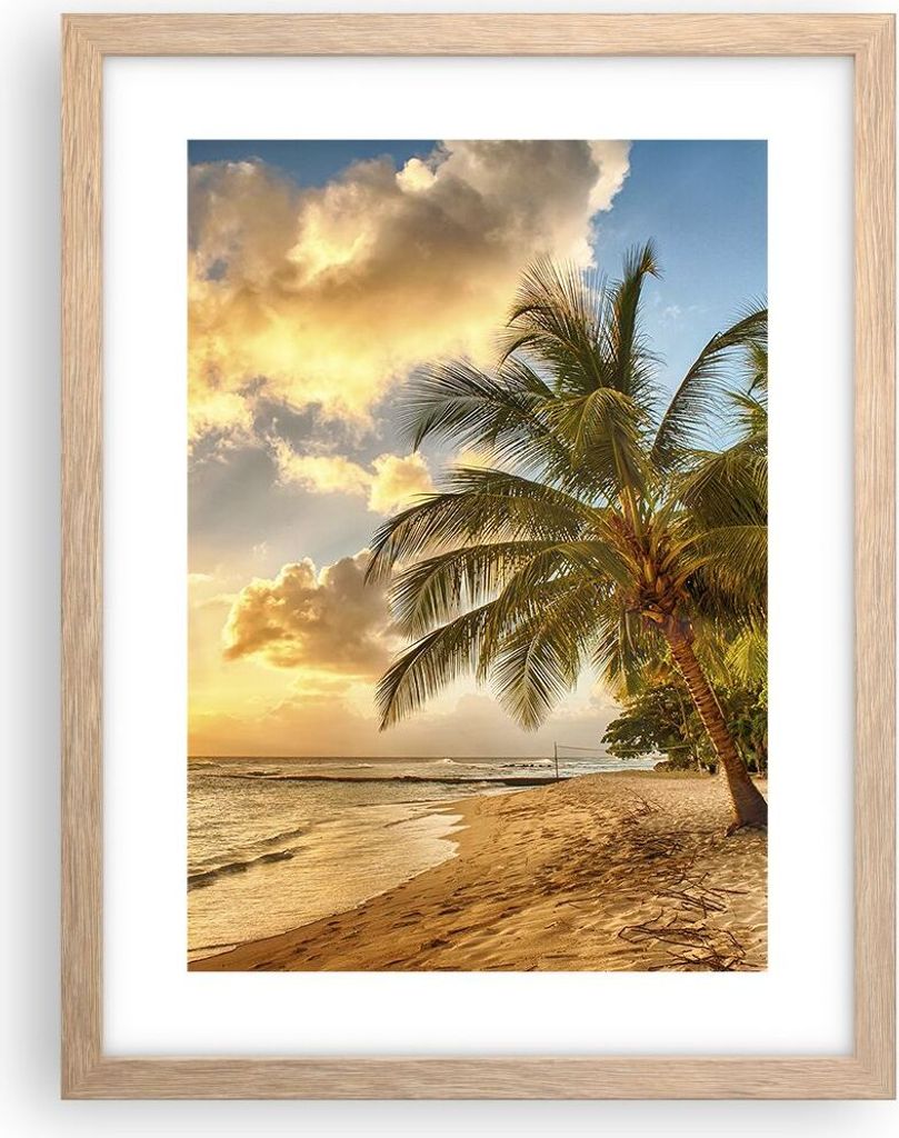 Gerahmtes Poster - Rahmen in heller Eiche - Strand Meer Palme - 30x40 cm - Wand Bild - Wanddeko - Wandbilder - Wandposter - Bilderrahmen - Bilder -...