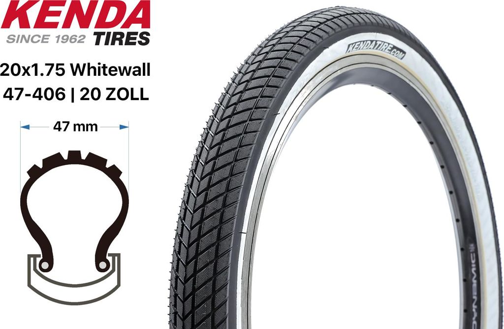 20 Zoll Fahrrad Falt Reifen KENDA Konversion 20x1.75 BMX 47-406 Whitewall
