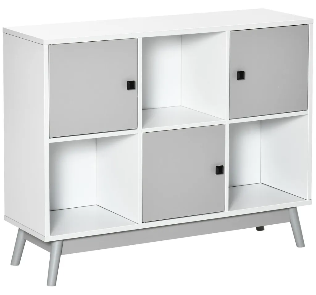 Buffet bas 3 portes et 3 compartiments ouverts gris et blanc 96cm bois