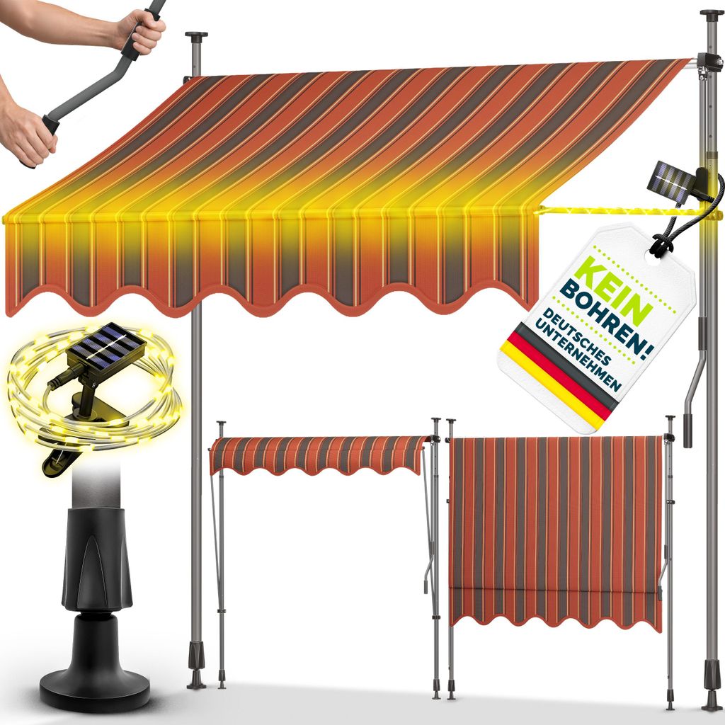 tillvex Klemmmarkise 350 cm Orange/Anthrazit mit Solar LED mit Handkurbel Balkon | Balkonmarkise ohne Bohren | Markise UV-beständig & höhenverste...