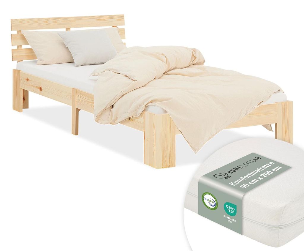 Lit en Bois 90x200 cm Naturel | Lit Simple | avec Matelas | Image du produit 