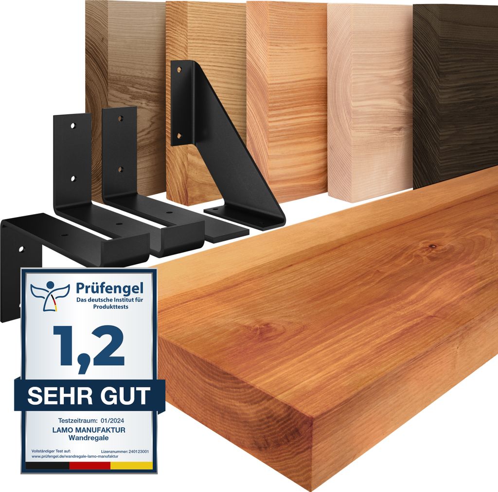 LAMO Manufaktur Wandregal Holz Gerade | Regal Farbe: Dunkel | mit schwarzem Vintage Regalträger | 140 cm