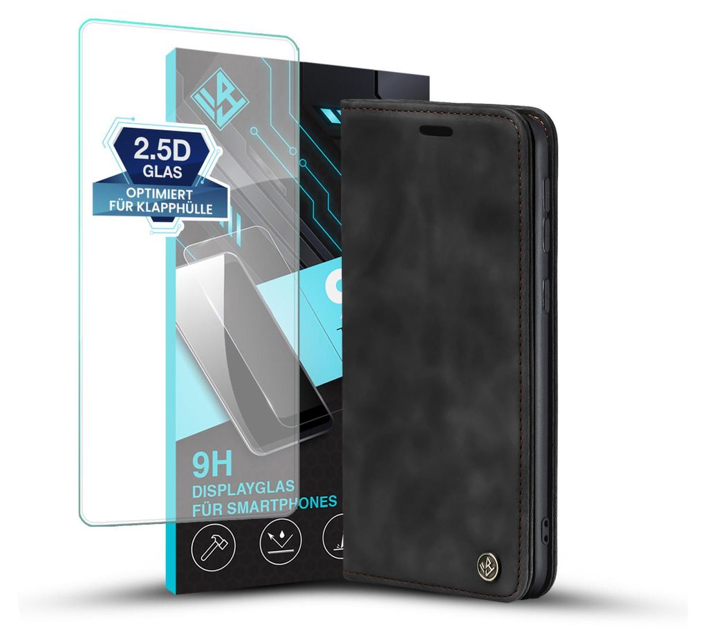 A black flip-style phone case and a screen protector are displayed against a white background.