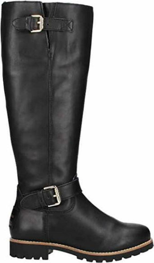 A black leather boot on a white background.