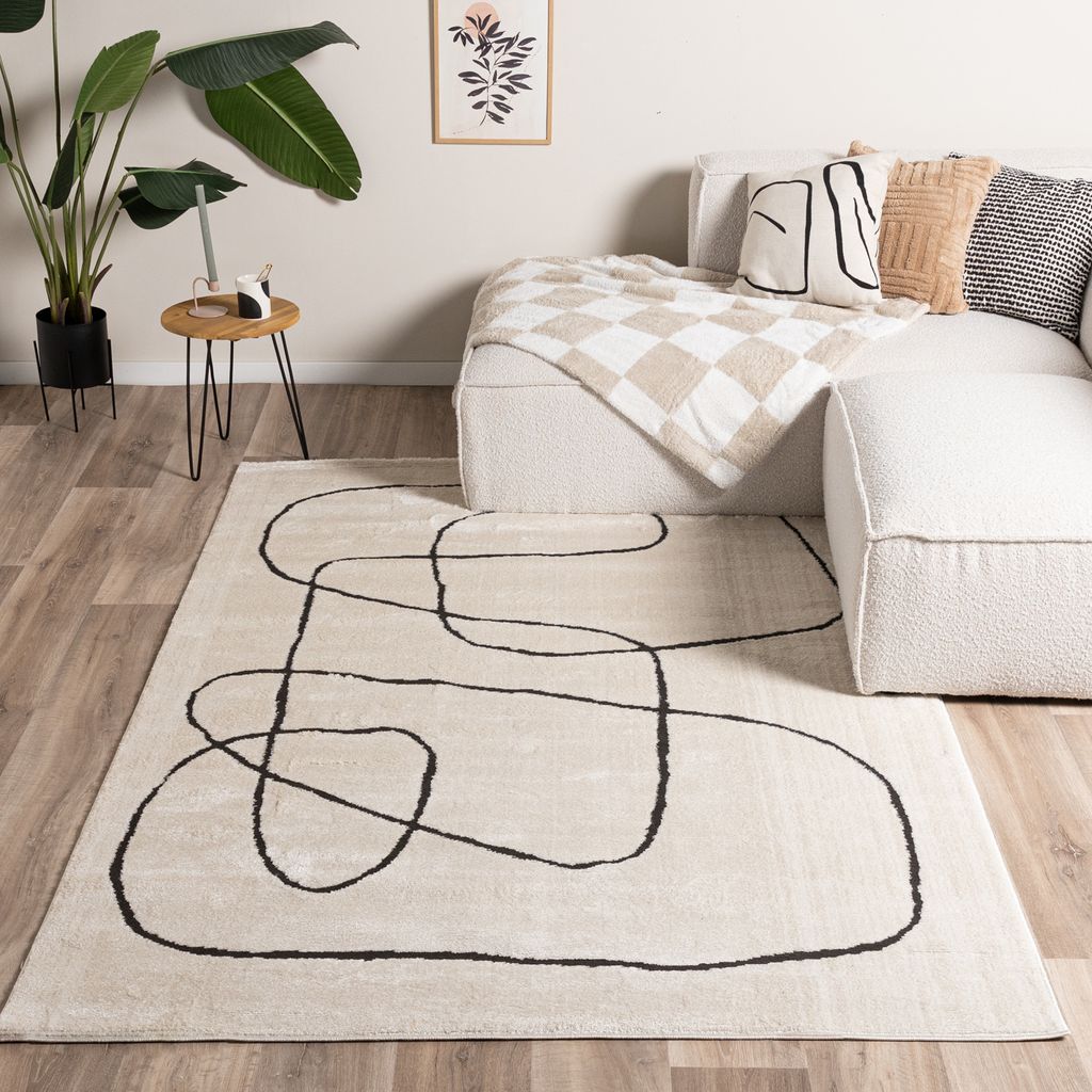 Volero - Japandi Teppich - Yori Lines Creme Schwarz - 140x200 cm - Wohnzimmer, Esszimmer, Schlafzimmer - Klassik, Industrielle, Ländlich, Modern, ...