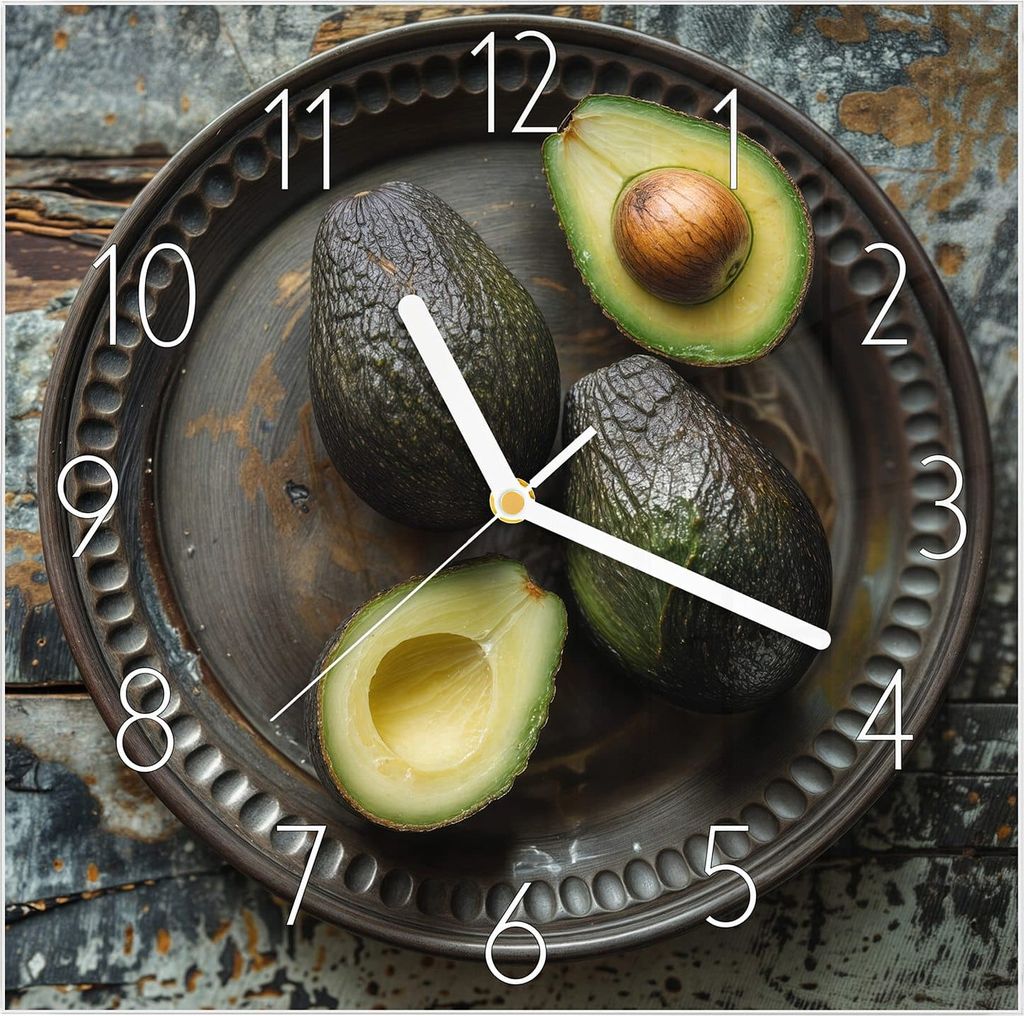 Wanduhr aus Glas mit Motiv Avocados Holzteller- 30 x 30 cm - inkl. Aufhängesystem