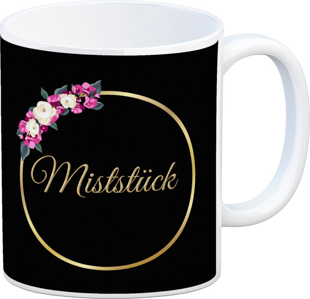 Kaffeebecher Miststück mit Goldrahmen und Blumen Schimpfwort-Tasse