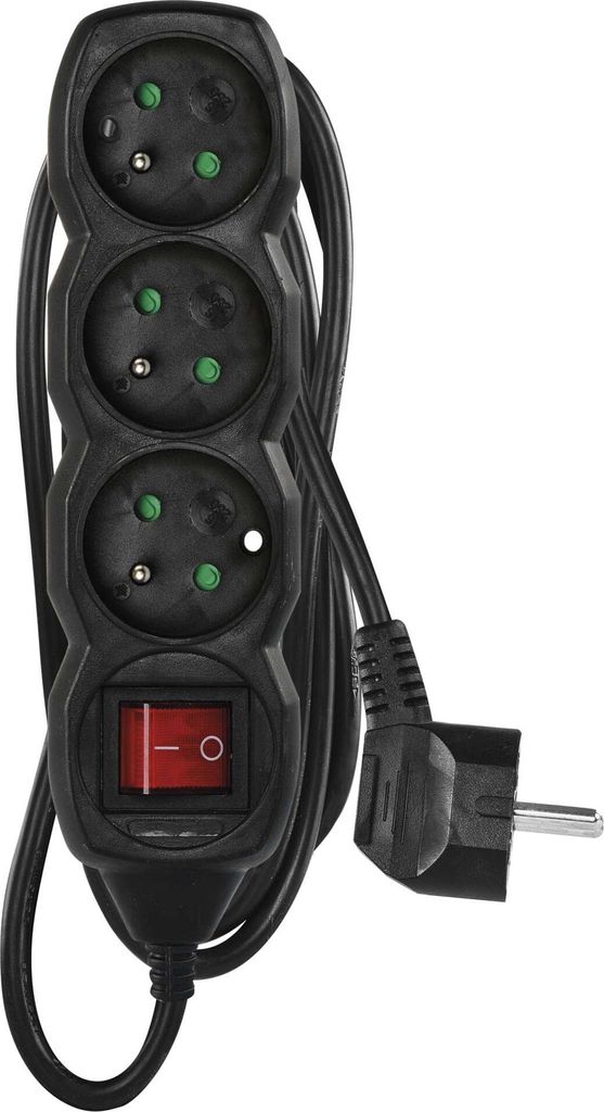 Prodlužovací kabel 1,5 m / 3 zásuvky / s vypínačem / černý / PVC / 1 mm2
