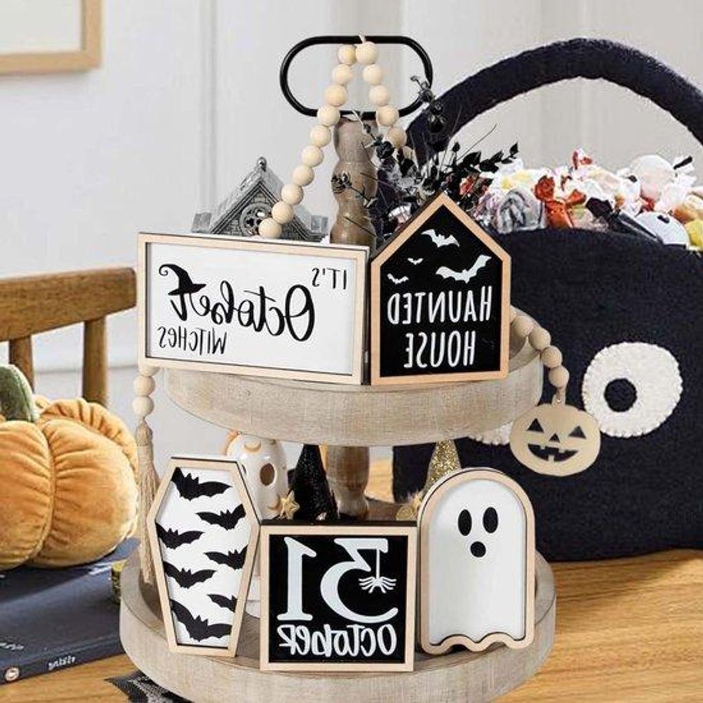 Spukhaus-Grusel-Set aus Holz, 31. Oktober Deko, 6 Stück, helle Farbe