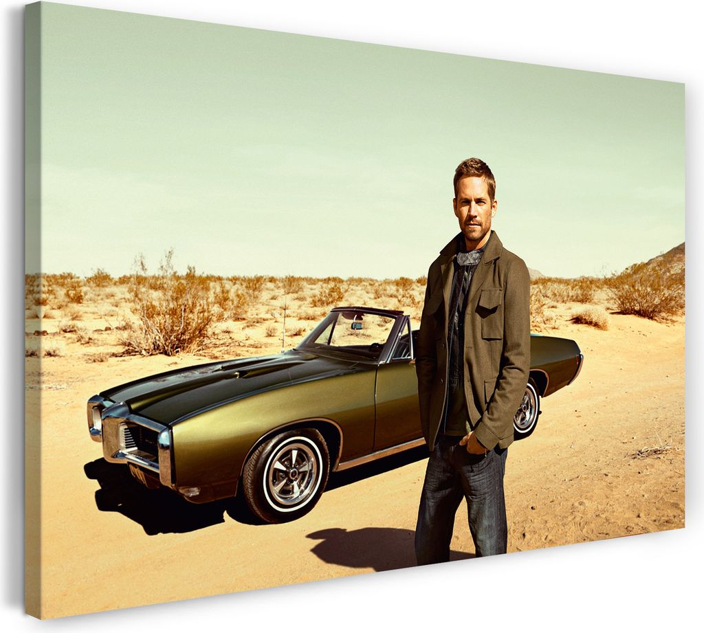 Leinwandbild (120x80cm): Paul Walker in Wüste vor amerikanischem Cabrio, echter Holz-Keilrahmen inkl. Aufhänger, handgefertigt in Deutschland