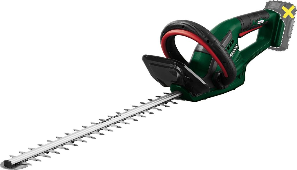 A cordless hedge trimmer is shown against a white background. The battery pack is highlighted with a dashed outline and a yellow 'X' symbol, indicating it is not included.