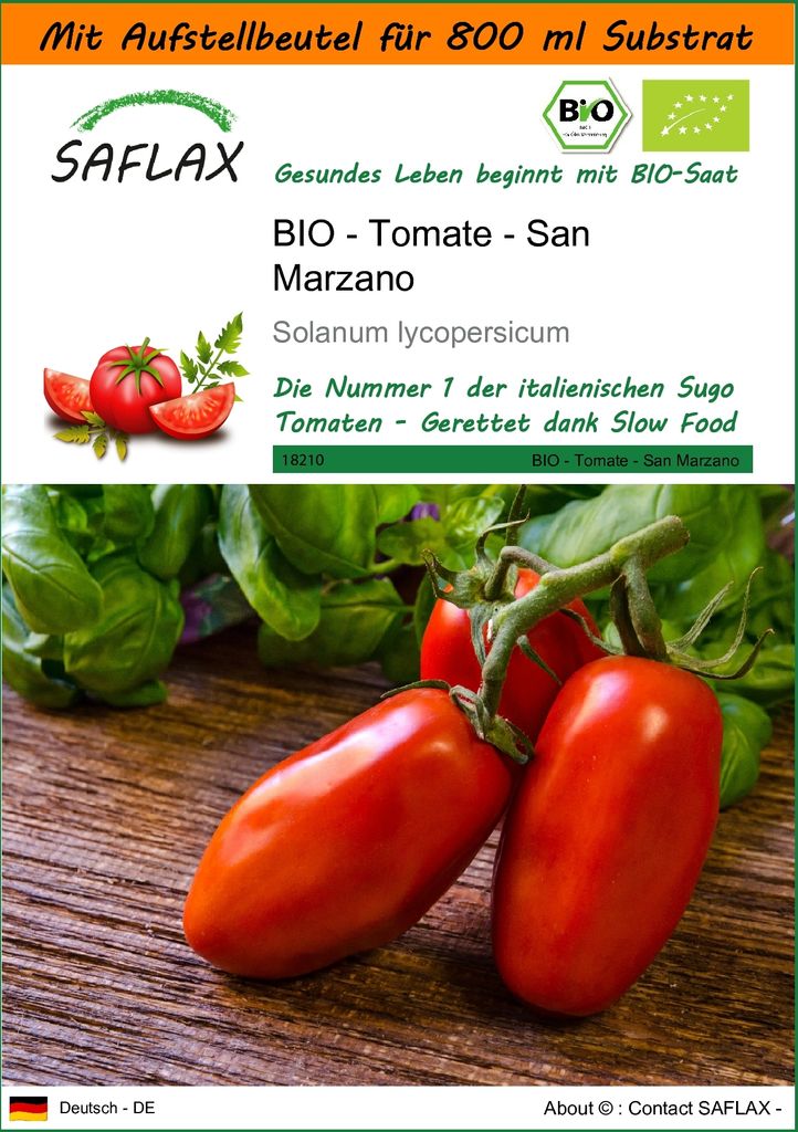 SAFLAX - Garden in the Bag - BIO - Tomate - San Marzano - 15 Samen - Mit Anzuchtsubstrat im praktischen, selbst aufstellenden Beutel - Solanum lyco...