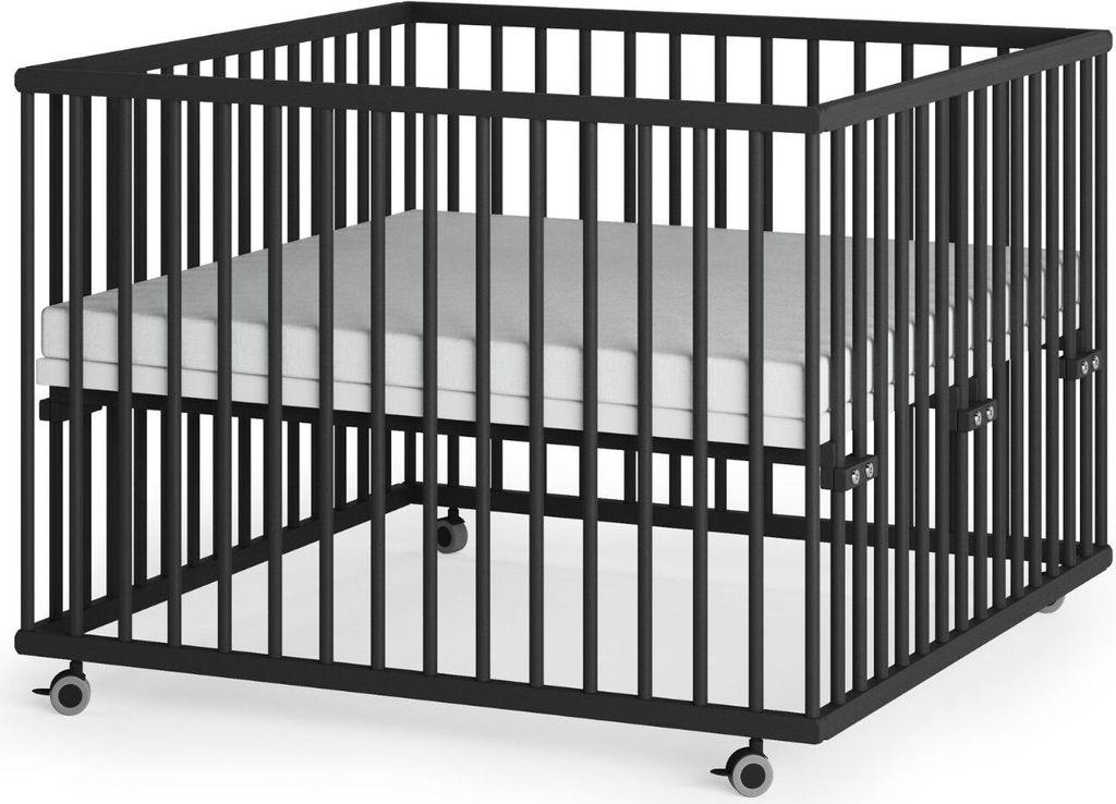 Laufgitter 100x100 cm mit Matratze SleepPlus & Schlupfpsrossen - Black Edition - Premium Kollektion
