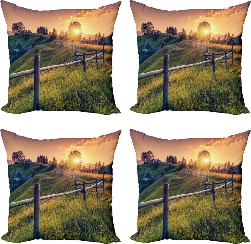 ABAKUHAUS Europa Kissenbezug Set (4 Stück), Morgen Sunbeams Sky, Moderner Doppelseitiger Digitaldruck, 40 cm x 40 cm, Farn-Grün Gelb