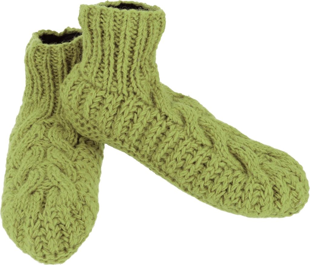 Wollhausschuhe, Handgestrickte Hüttenschuhe, Gestrickte Hausschuhe in 2 Größen - Grün, Uni - Erwachsene, Wolle, Größe: 39-42
