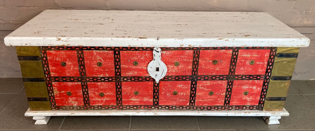 Antike Holzbox, Holztruhe, Couchtisch, Kaffeetisch aus Massivholz, Aufwändig Verziert - Modell 18, Antik-weiß, 40*112*43 cm, Truhen, Kisten, Koffer