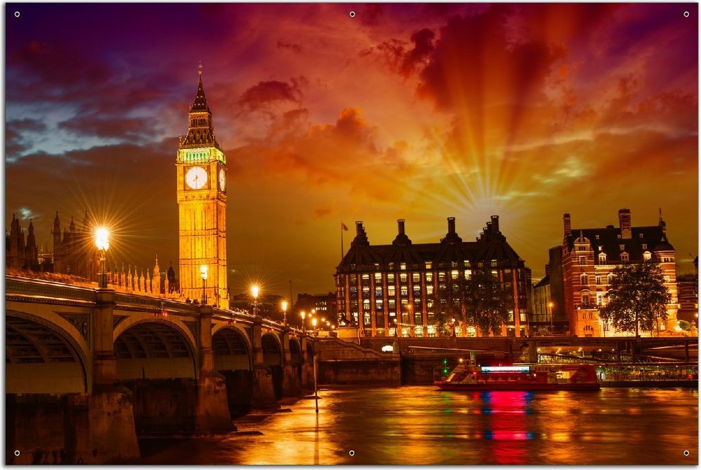 Wallario Outdoor-Poster für Garten oder Balkon, Motiv London - Big Ben in strahlenden Farben, in ca. 61 x 91,50 cm