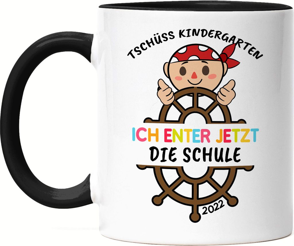 Tschüss Kindergarten Ich Entere Die Schule 2022 Tasse Schwarz Einschulungsgeschenk Piraten-Fans Piraten-Boot