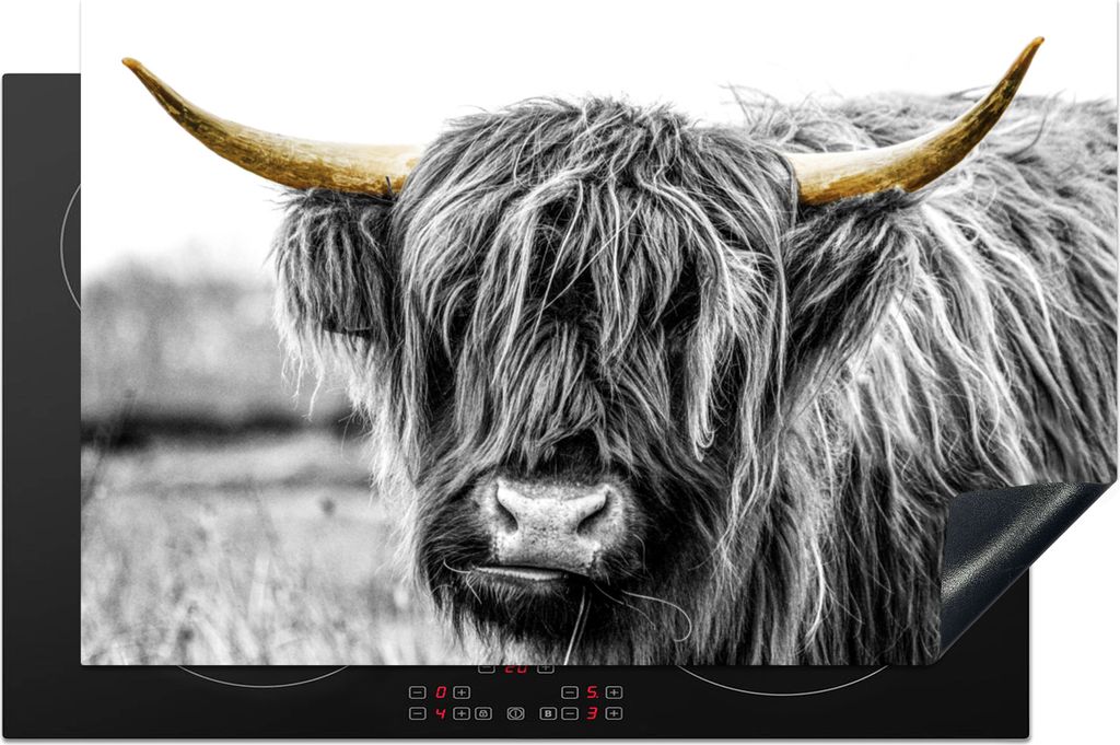 KitchenYeah Herdabdeckplatte Schottischer Highlander - Hörner - Gold - Schwarz , 81x52cm, Küche Deko, Glaskeramikfeld Herdabdeckung, Abdeckplat...