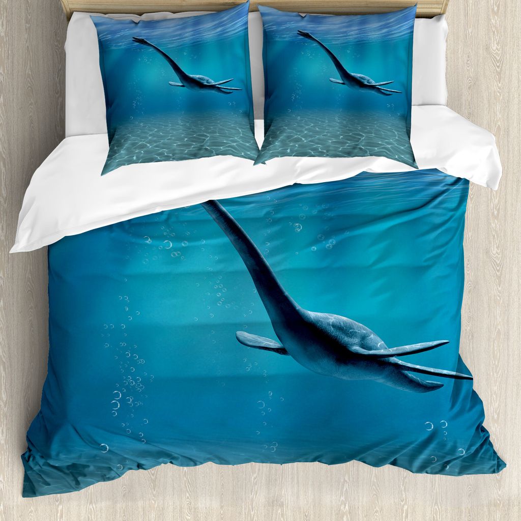 ABAKUHAUS Blau Bettbezugs Set Für Doppelbetten, Wasserdinosaurier künstlerisch, Milbensicher Allergiker geeignet mit Kissenbezügen, Blau