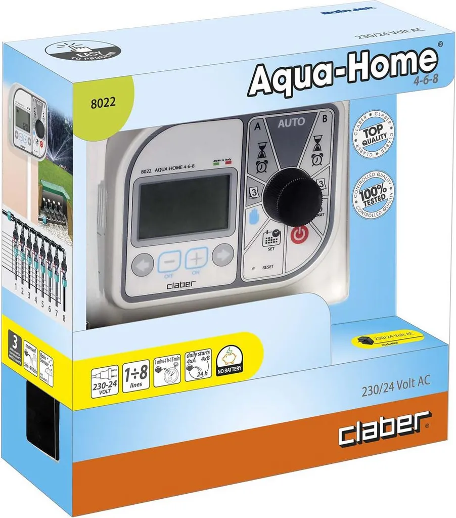 Programmateur d'arrosage mural Claber Aqua-Home 4-6-8 pour électrovanne