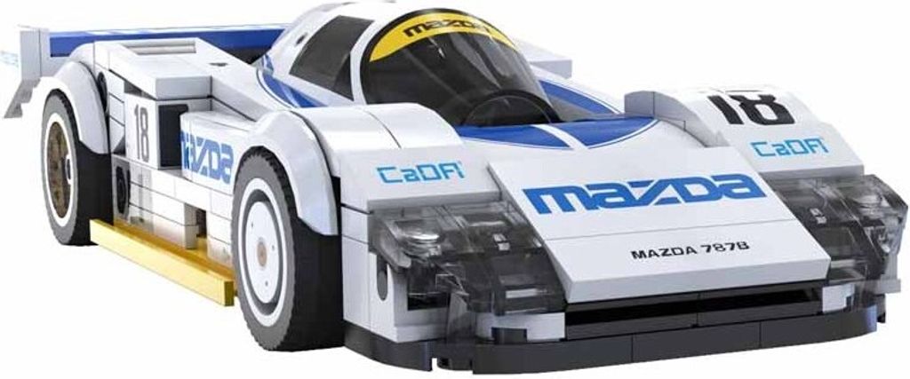 A white and blue model car with racing decals.