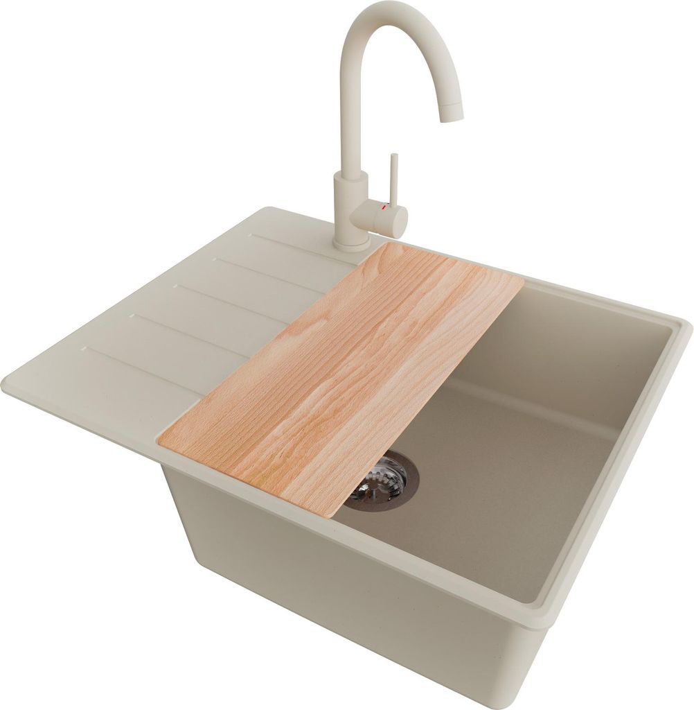 PRIMAGRAN Granitspüle Beige 62x50cm, Spülbecken 1 Becken + Küchenarmatur 32x20cm + Ablauf-Set + Schneidebrett, Küchenspüle ab 50er Unterschran...