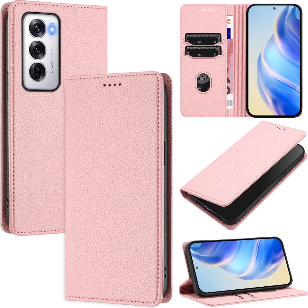 Litchi Leder Handyhülle für Oppo Reno12 Wallet Kartenfächer Standfunktion Hülle Pink