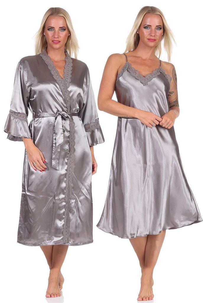 Damen 2 Teiler Kimono Negligé Nachtmantel Satinrobe mit Spitze; Taupe/XL/42