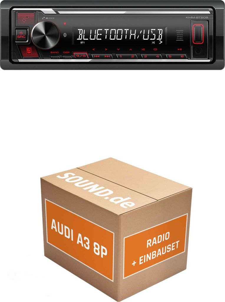 Autoradio Einbaupaket Kenwood KMM-BT209 passend für Audi A3 8P Multifunktionslenkrad | Bluetooth USB Telefonieren