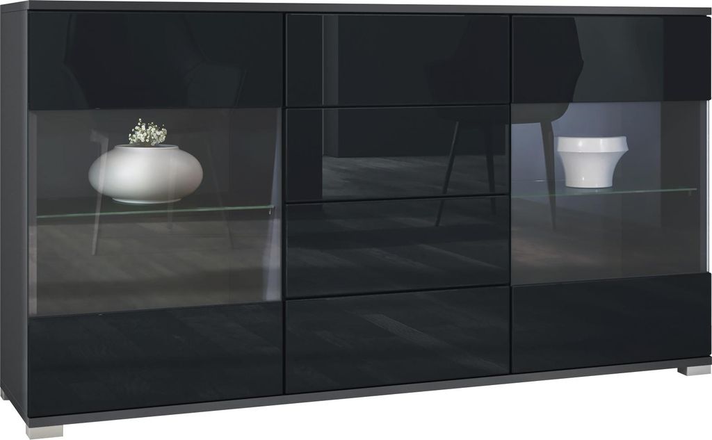 Vladon Sideboard Bari V1, Kommode mit 2 großen Türen und 4 Schubladen, Anthrazit matt/Schwarz Hochglanz (138,5 x 75,5 x 35)