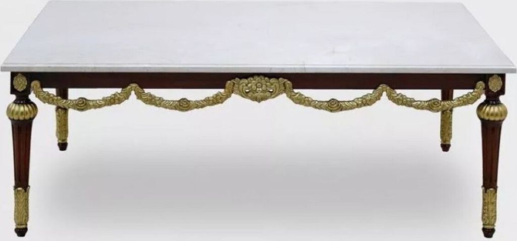 Casa Padrino Luxus Barock Couchtisch mit Marmorplatte Weiß / Dunkelbraun / Gold - Rechteckger Wohnzimmertisch im Barockstil - Barock Möbel - Edel...