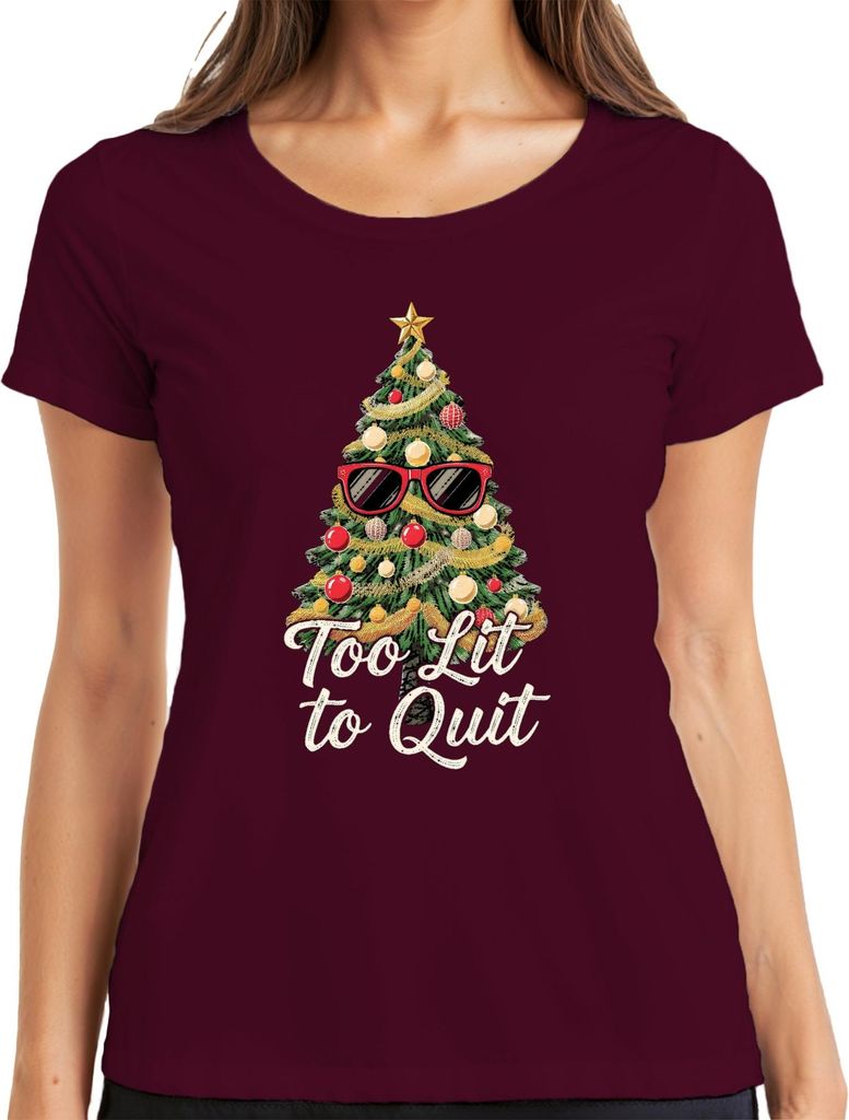 Too Lit to Quit Weihnachtsbaum Sonnenbrille Weihnachten lustig Damen T-Shirt, Burgundy, XXL