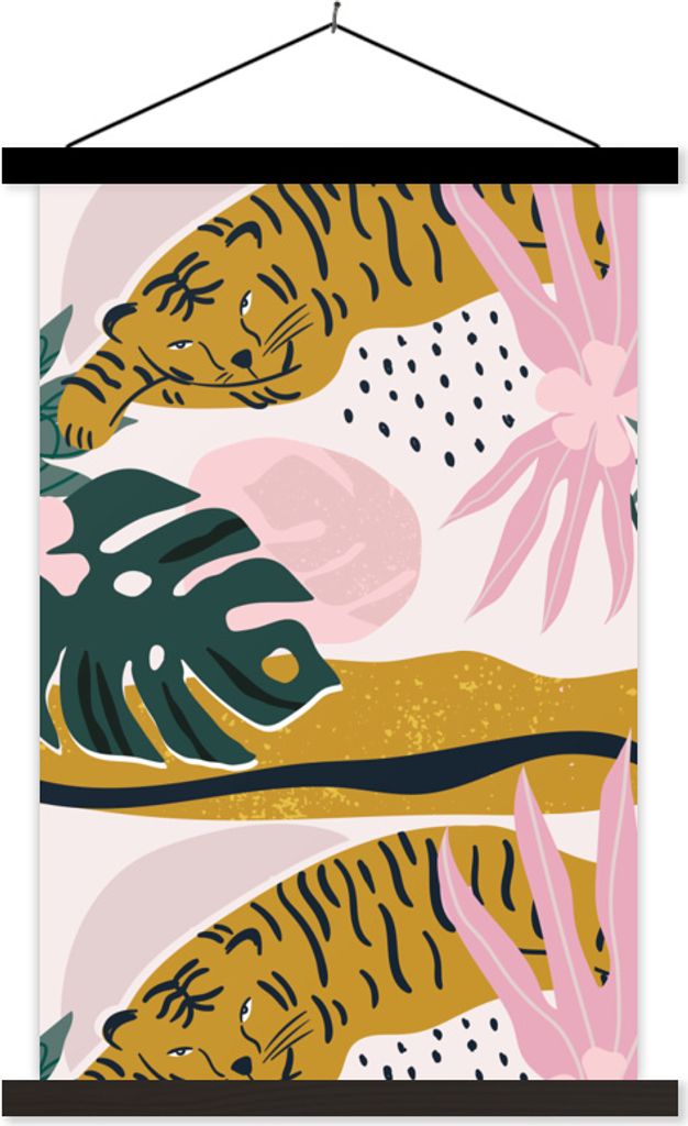 MuchoWow Textilposter Tiger - Blätter - Dschungel - Muster 40x60 cm mit schwarzem Rahmen - Wanddekorationen