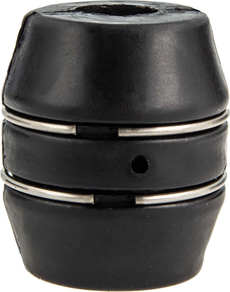 A close-up studio shot of a black Schlauchgewicht (hose weight) with silver bands.