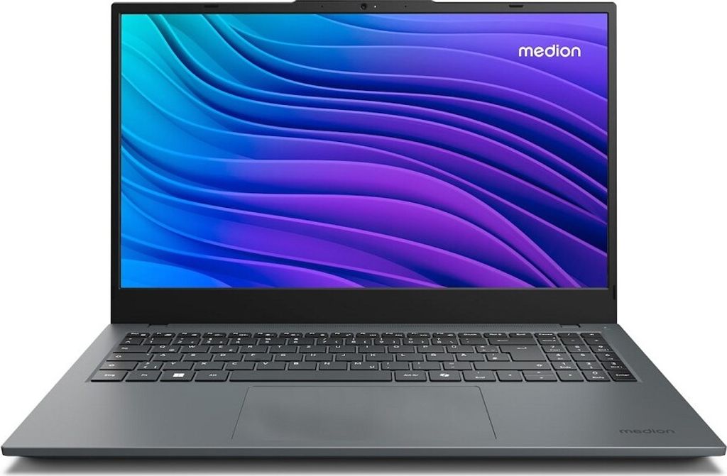 A front view of a Medion laptop with its screen displaying a colorful abstract wallpaper.
