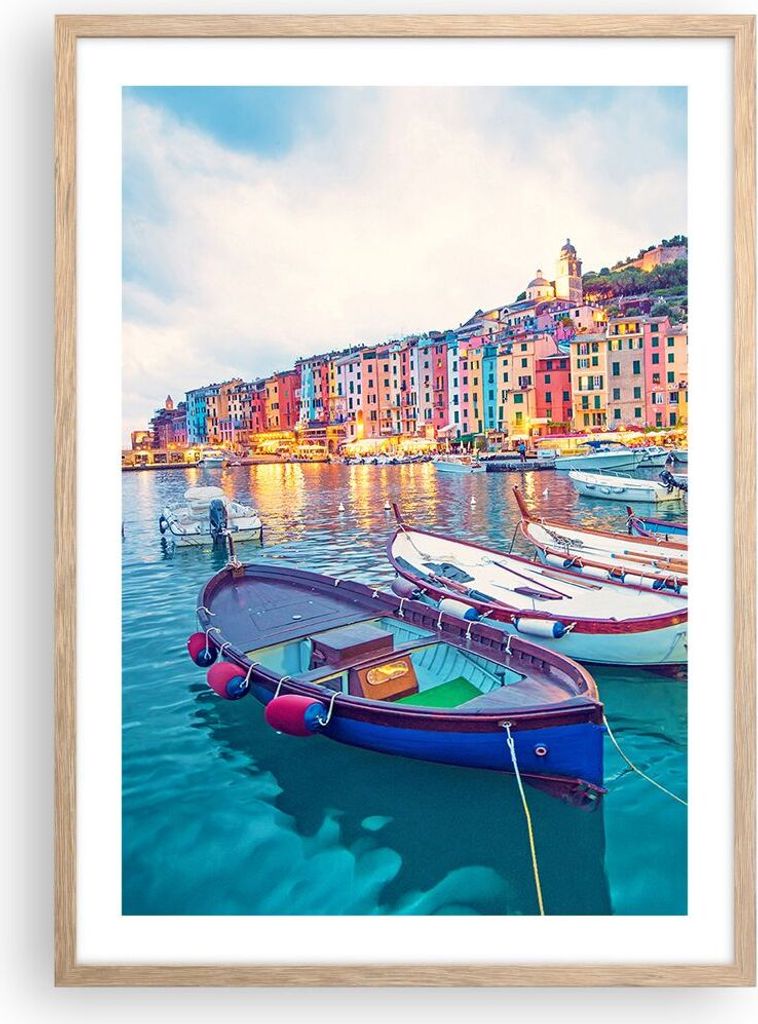 Gerahmtes Poster - Rahmen in heller Eiche - Porto Boote die Farben - 50x70 cm - Wand Bild - Wanddeko - Wandbilder - Kunstposter - Wandposter - Bild...