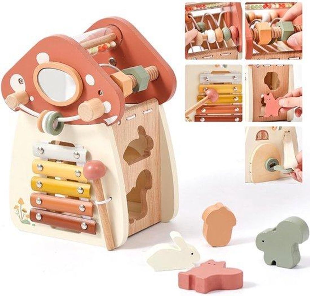 5-in-1 Holzspielzeug in Form einer Pilz, multifunktionelles Lernspielzeug für Kleinkinder, Motorik-Entwicklungskiste für Kinder ab 1 Jahr