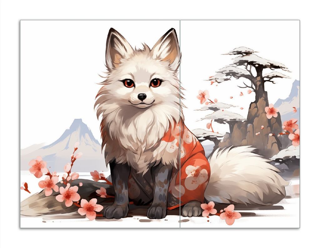 Wallario Herdabdeckplatte aus Glas, Größe 70 x 52 cm 2-teilig, Motiv Fuchs mit Kirschblüten