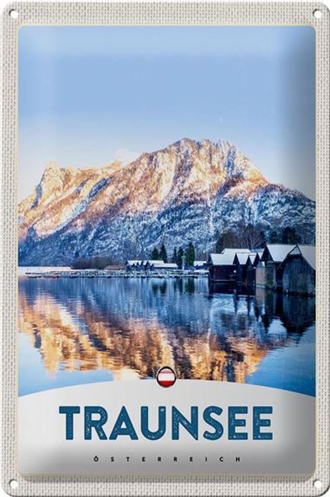Blechschild Reise 20x30cm Traunsee Östereich Winterzeit Schnee