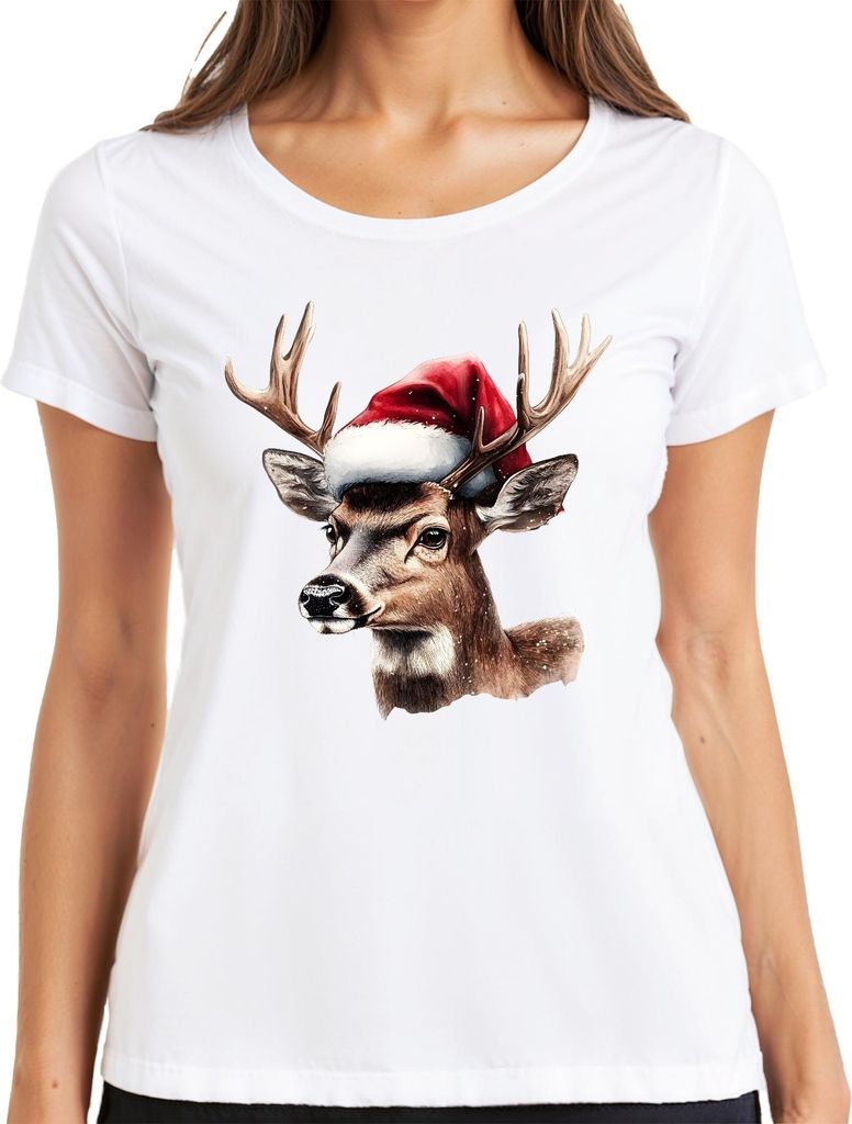 Weihnachtsrentier Hirsch Kopf Aquarell Weihnachtsmann Hut Retro Damen T-Shirt, Weiß, XXL