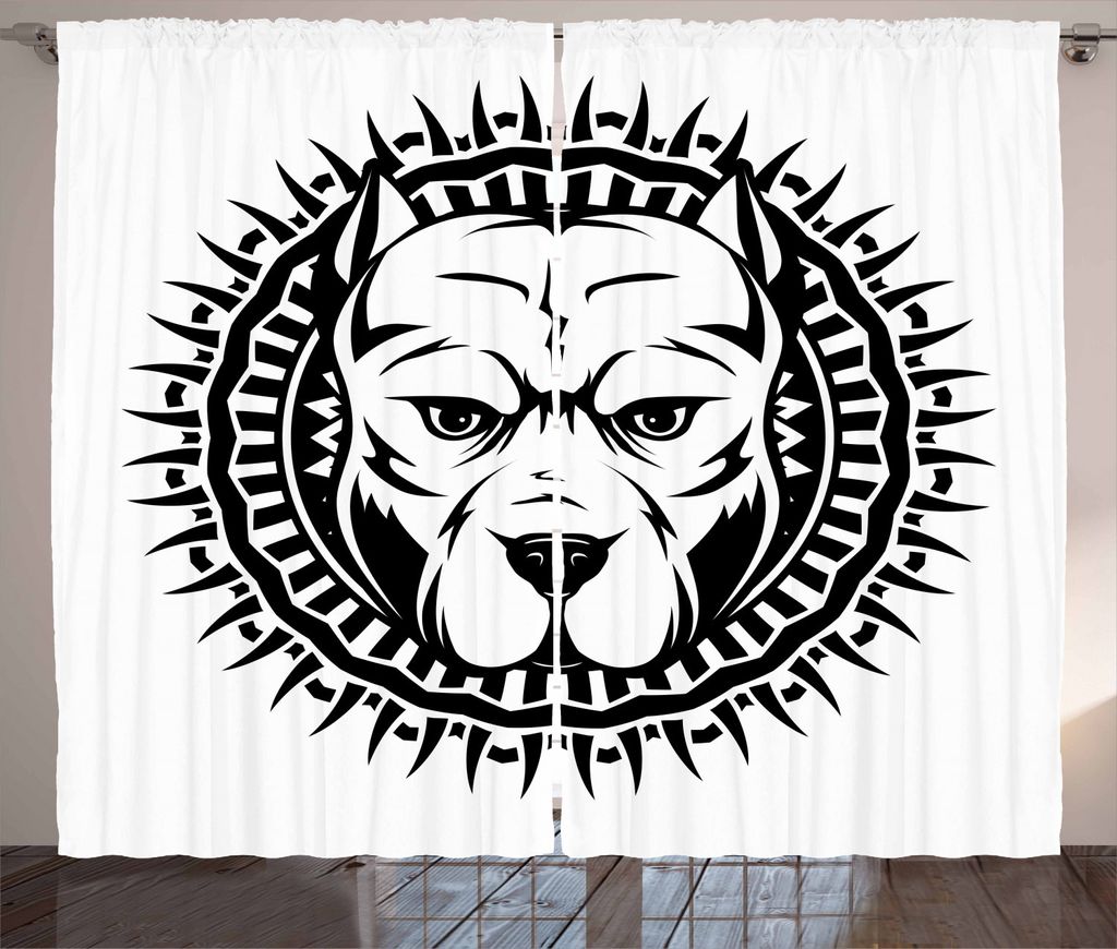 ABAKUHAUS Pitbull Rustikaler Vorhang, Aggressiver Kampfhund, Wohnzimmer Universalband Gardinen mit Schlaufen und Haken, 280 x 225 cm, Weiß und Sch...