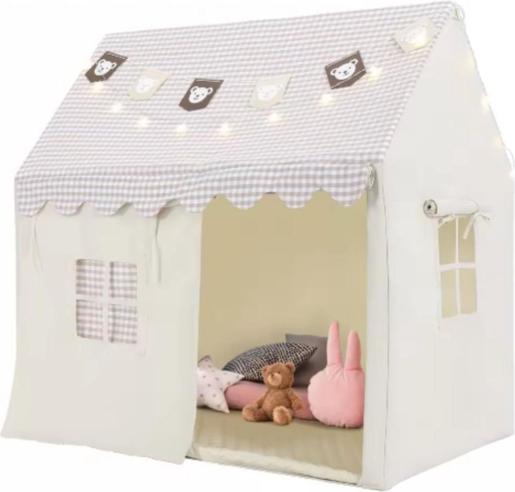 Kinderspielzelt – Spielhaus mit Matte, Beleuchtung & Wimpelbanner – Für Jungen & Mädchen 1-8 Jahre – Innenzelt – Mit Fenstern – Beige