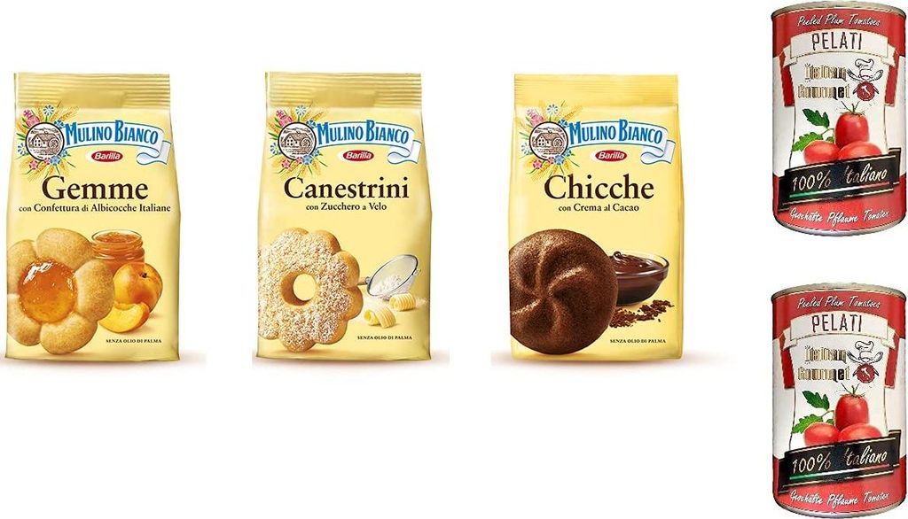 Testpaket Mulino Bianco Canestrini-Gemme-Chicche Kekse biscuits 3x200g neue Güte + Italian Gourmet 100% italienische geschälte Tomaten dosen 2x 400g