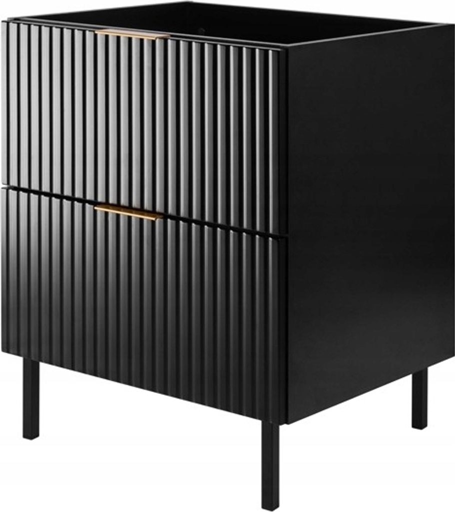 A black cabinet with fluted drawers and gold handles, resting on thin black legs against a white background.